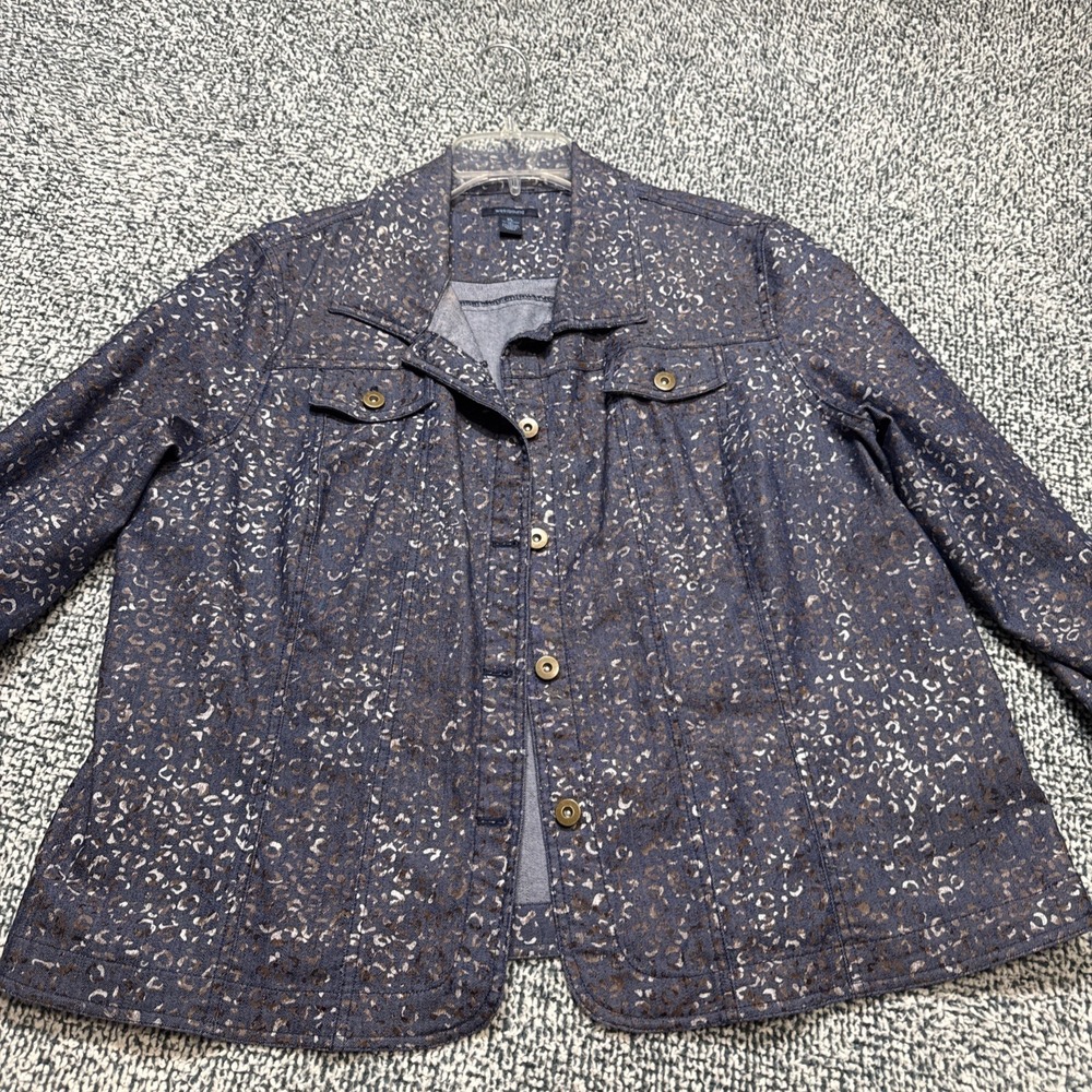 Westbound Women's Blue Denim Look Leopard Animal Print Button Up Jacket